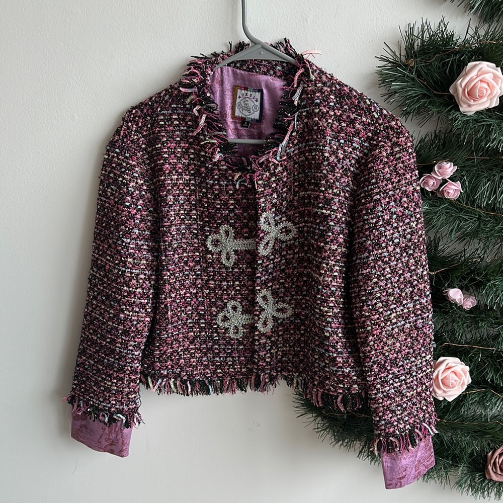 Elegant Tweed Jacket in Pink and Black - size M